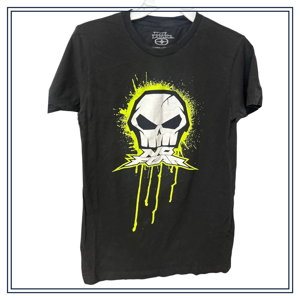 No Fear Mens Skull Graphic T-Shirt Black Neon Green Splatter Drip‎ Tee Size S